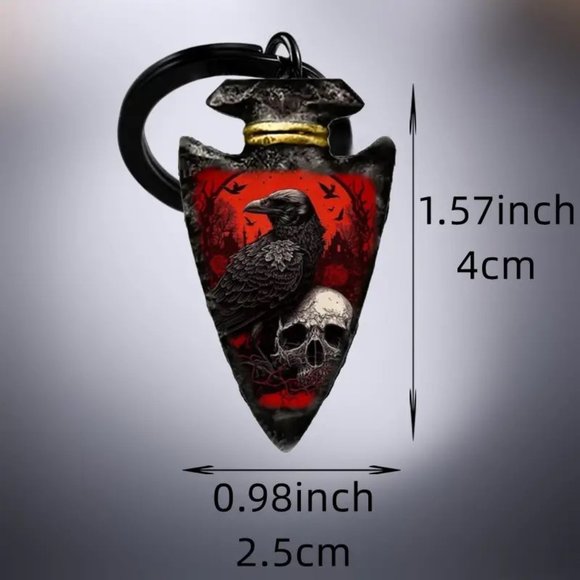 Keychain Black Raven & Skull Viking indian arrowhead Gothic Wiccan emo vamp Punk - Picture 3 of 3